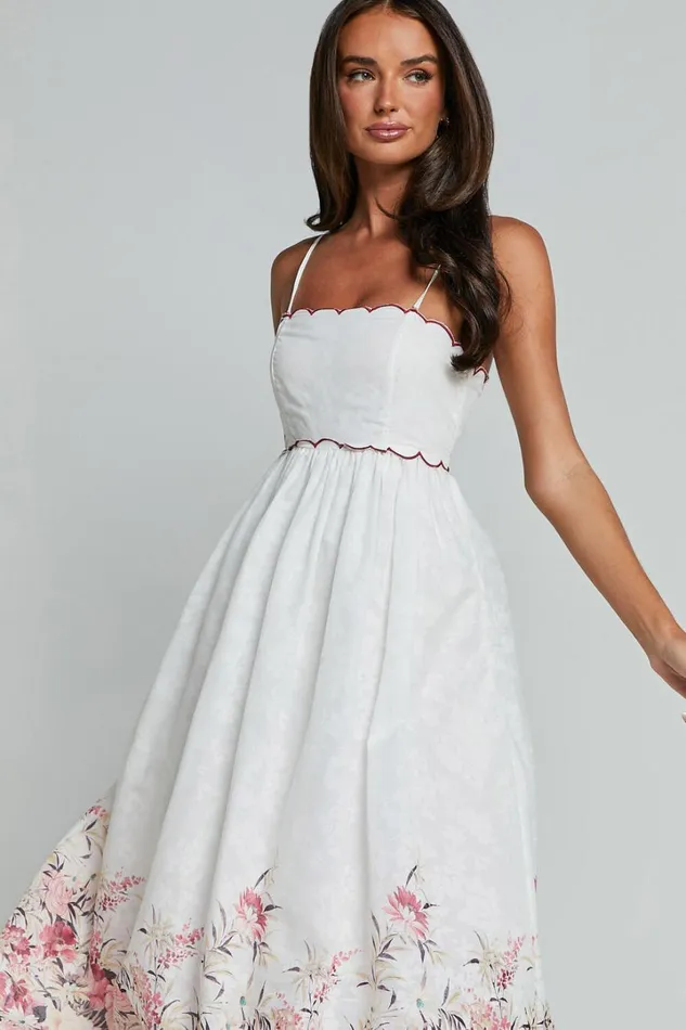 Abellina Midi Dress 8211 Spaghetti Strap Sundress With Contrasting Wave Stitching In White Women Showpo Dresses