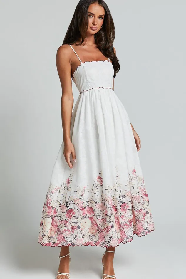 Abellina Midi Dress 8211 Spaghetti Strap Sundress With Contrasting Wave Stitching In White Women Showpo Dresses