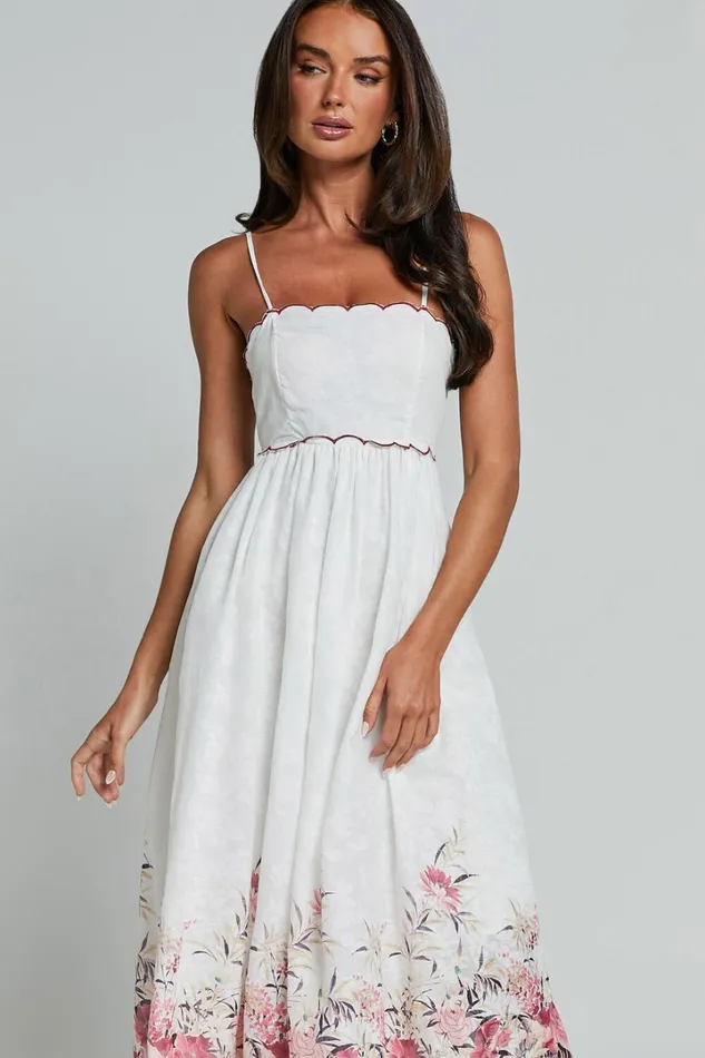 Abellina Midi Dress 8211 Spaghetti Strap Sundress With Contrasting Wave Stitching In White Women Showpo Dresses