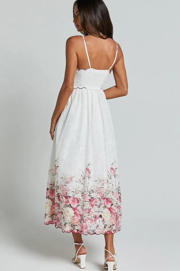 Abellina Midi Dress 8211 Spaghetti Strap Sundress With Contrasting Wave Stitching In White Women Showpo Dresses