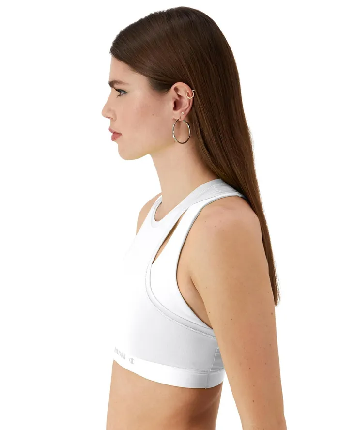 Absolute Mesh 2Fer Sports Bra Classic Script Graphic White Women Champion Sports Bras and Bralettes