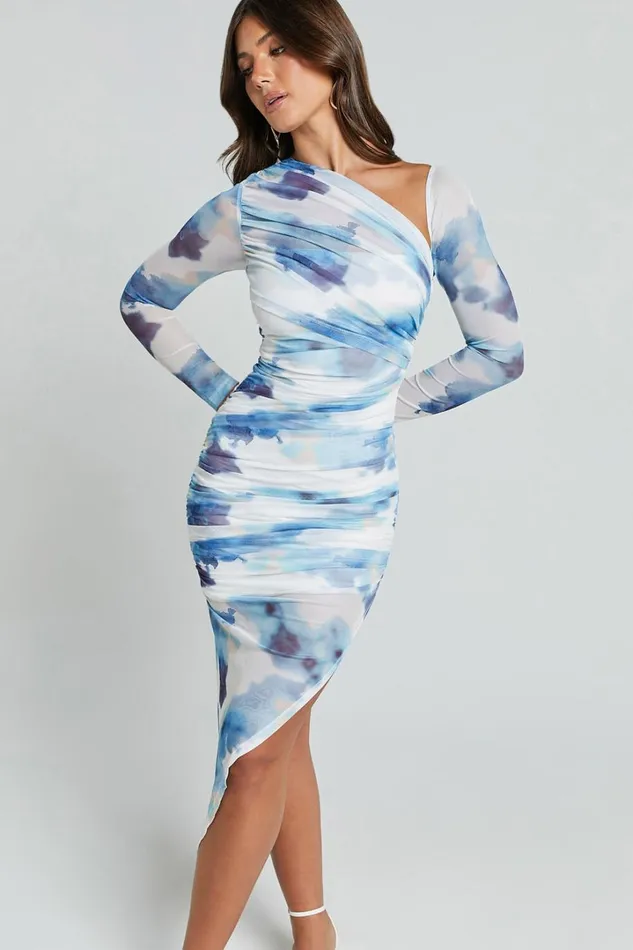 Adalene Midi Dress 8211 Bodycon Long Sleeve Asymmetrical Neckline Dress In Blue Floral Women Showpo Dresses