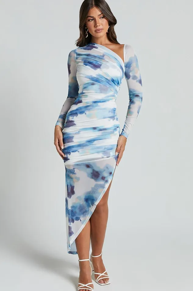 Adalene Midi Dress 8211 Bodycon Long Sleeve Asymmetrical Neckline Dress In Blue Floral Women Showpo Dresses