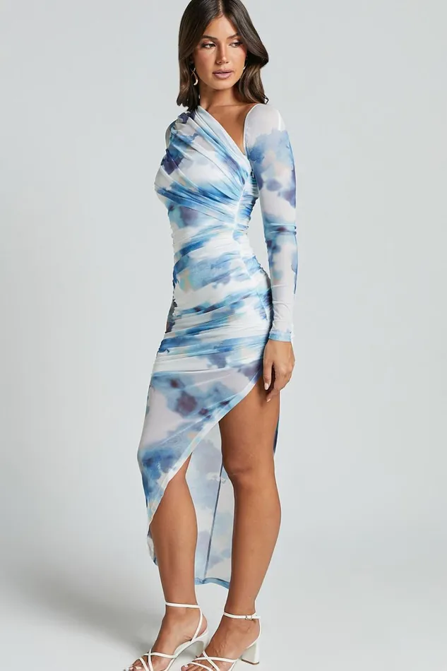 Adalene Midi Dress 8211 Bodycon Long Sleeve Asymmetrical Neckline Dress In Blue Floral Women Showpo Dresses