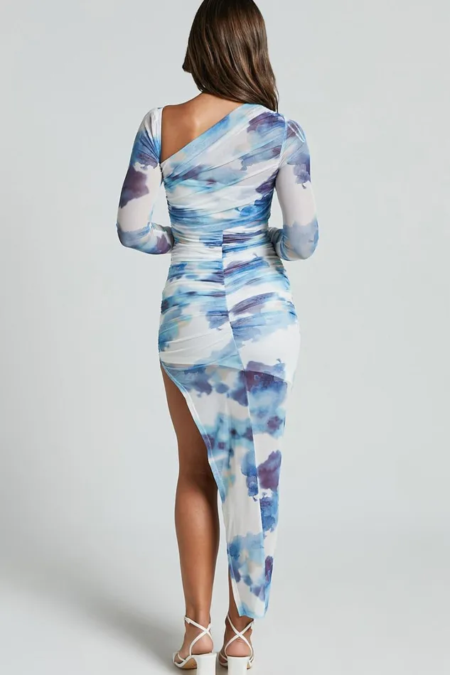Adalene Midi Dress 8211 Bodycon Long Sleeve Asymmetrical Neckline Dress In Blue Floral Women Showpo Dresses