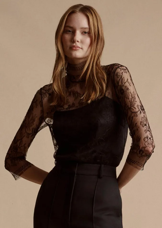 Adam Lippes Cuello Alto En Encaje Chantilly Negro Womens Tops