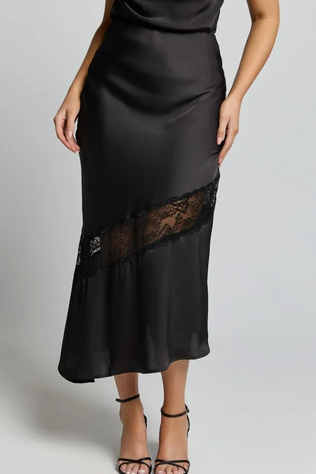 Adele Midi Skirt 8211 Satin Slip Skirt With Lace Detail In Black Women Showpo Skirts