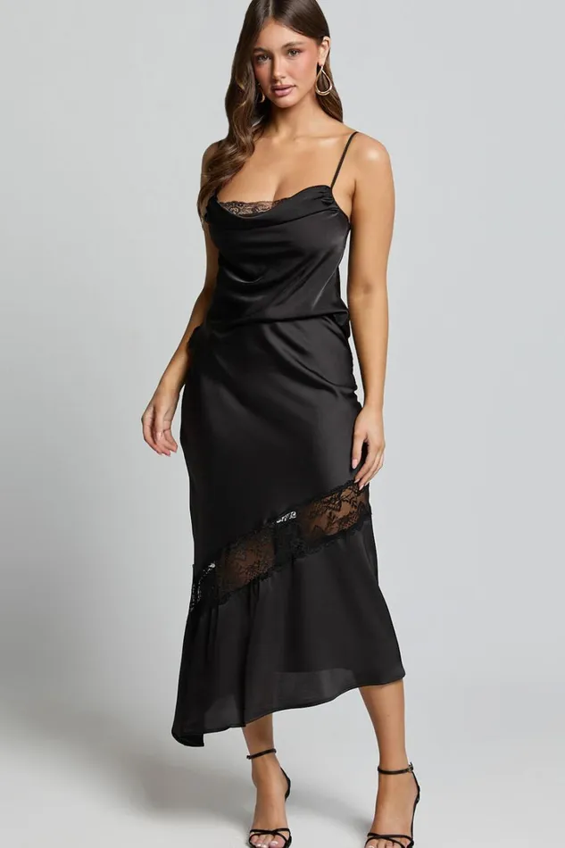 Adele Midi Skirt 8211 Satin Slip Skirt With Lace Detail In Black Women Showpo Skirts