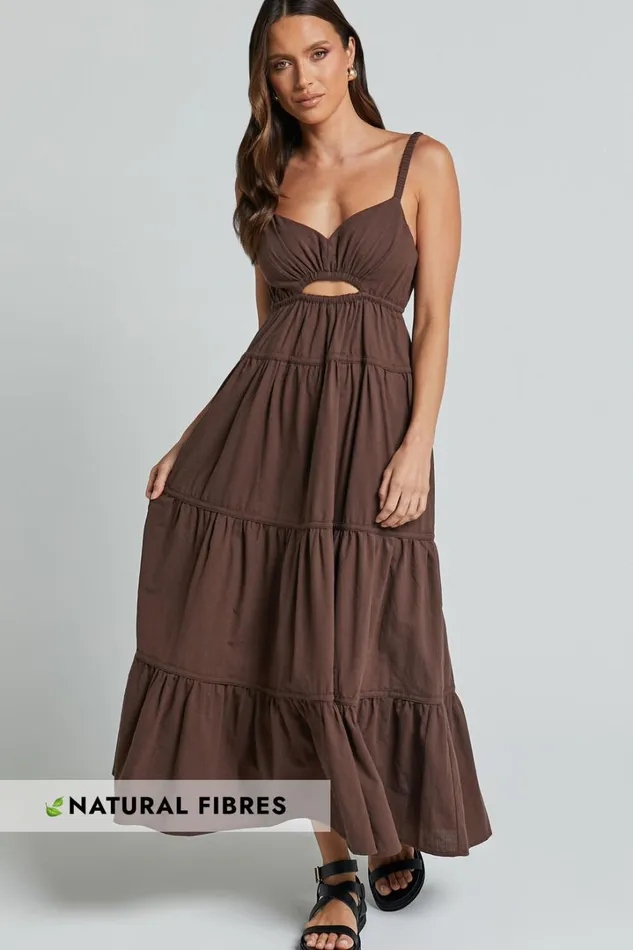 Adia Midi Dress 8211 Front Keyhole Tie Back Tiered Dress In Chocolate Women Showpo Conscious Adia Midi Dress 8211 Front Keyhole Tie Back Tiered Dress In Chocolate Women Showpo Conscious