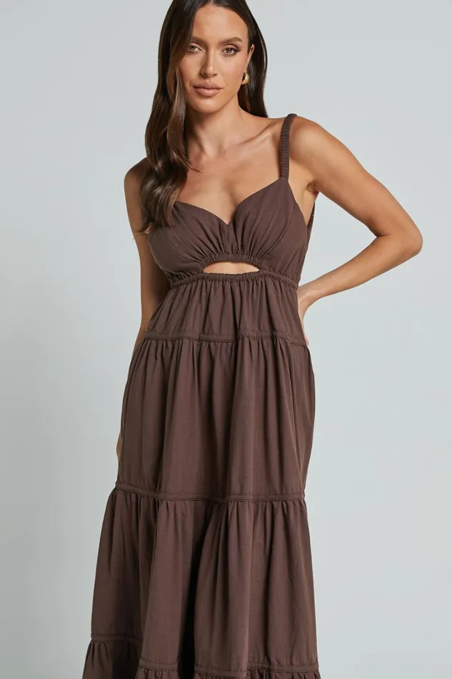 Adia Midi Dress 8211 Front Keyhole Tie Back Tiered Dress In Chocolate Women Showpo Conscious