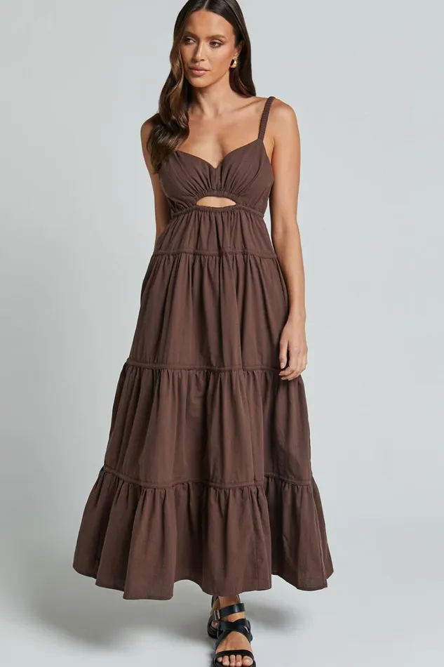 Adia Midi Dress 8211 Front Keyhole Tie Back Tiered Dress In Chocolate Women Showpo Conscious