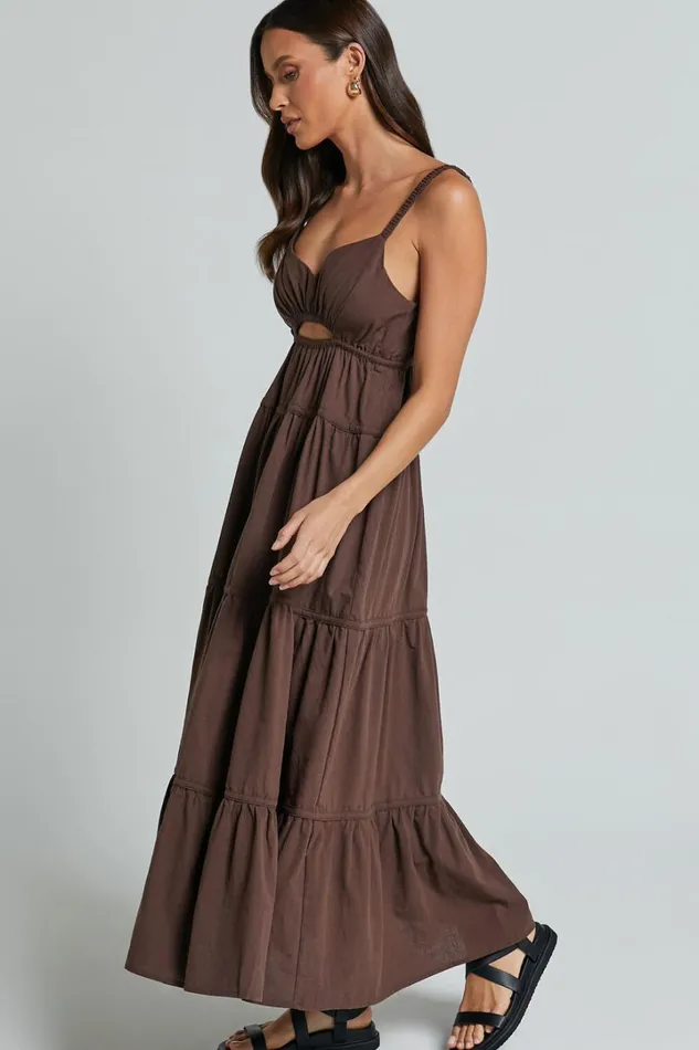 Adia Midi Dress 8211 Front Keyhole Tie Back Tiered Dress In Chocolate Women Showpo Conscious