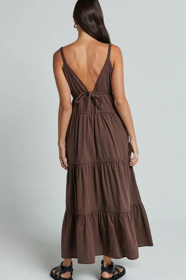 Adia Midi Dress 8211 Front Keyhole Tie Back Tiered Dress In Chocolate Women Showpo Conscious