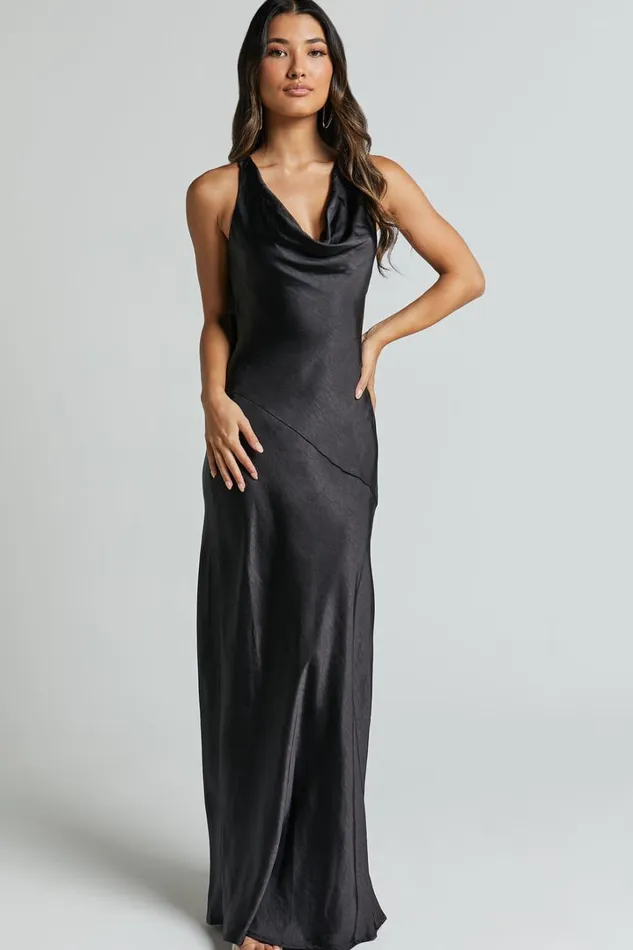 Adilah Maxi Dress 8211 Cowl Neck Satin Dress In Black Women Showpo Curve Clothes