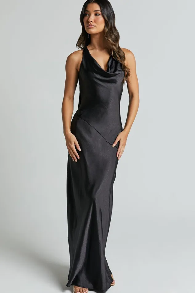 Adilah Maxi Dress 8211 Cowl Neck Satin Dress In Black Women Showpo Curve Clothes