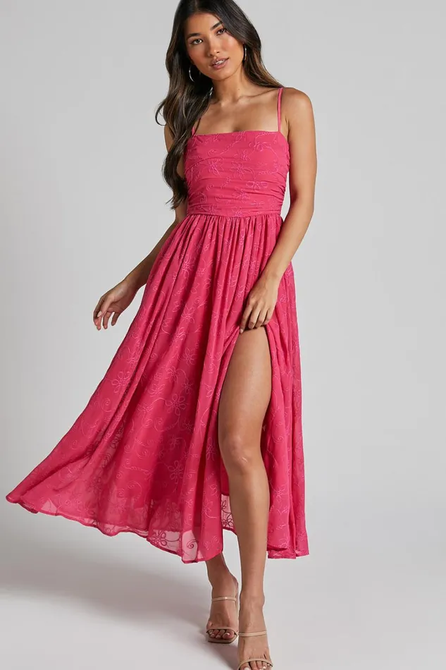 Adina Midi Dress 8211 Embroidered Strappy Straight Neck Ruched Bodice Dress In Pink Women Showpo Dresses Adina Midi Dress 8211 Embroidered Strappy Straight Neck Ruched Bodice Dress In Pink Women Showpo Dresses