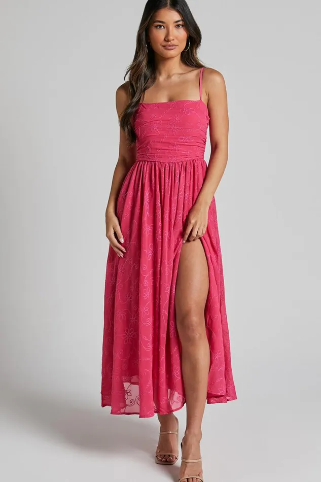 Adina Midi Dress 8211 Embroidered Strappy Straight Neck Ruched Bodice Dress In Pink Women Showpo Dresses