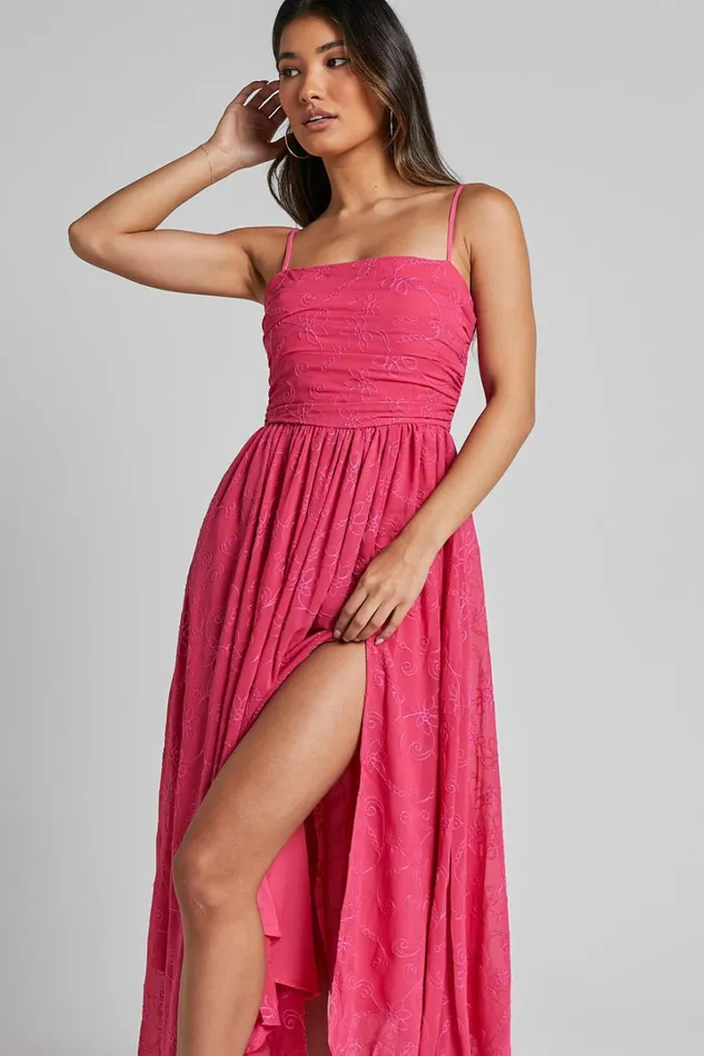 Adina Midi Dress 8211 Embroidered Strappy Straight Neck Ruched Bodice Dress In Pink Women Showpo Dresses