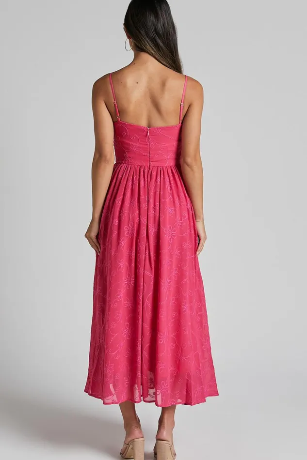 Adina Midi Dress 8211 Embroidered Strappy Straight Neck Ruched Bodice Dress In Pink Women Showpo Dresses