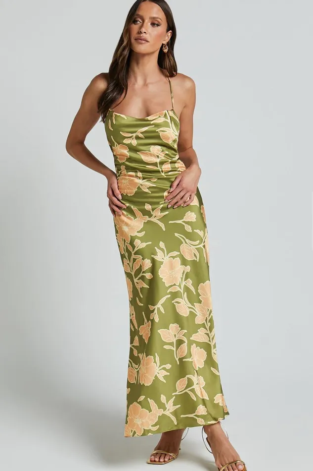 Aisling Midi Dress 8211 Cowl Neck Satin Bias Midi Dress In Olive Women Showpo Dresses