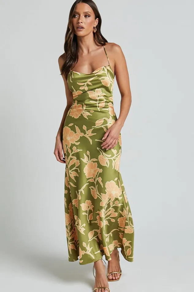 Aisling Midi Dress 8211 Cowl Neck Satin Bias Midi Dress In Olive Women Showpo Dresses