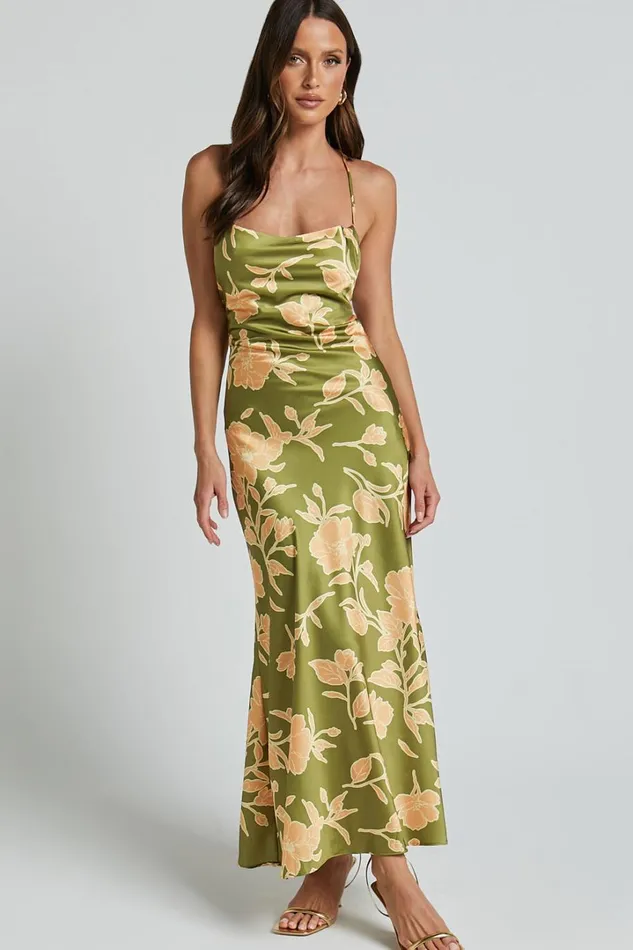 Aisling Midi Dress 8211 Cowl Neck Satin Bias Midi Dress In Olive Women Showpo Dresses
