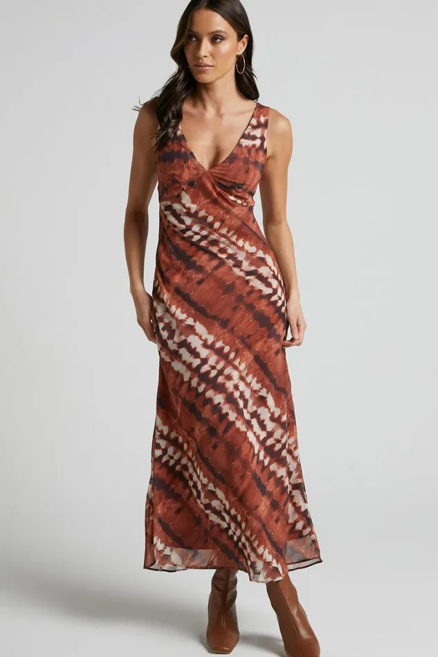 Aizelle Midi Dress 8211 V Neck Dress In Brown Tie Dye Women Showpo Dresses