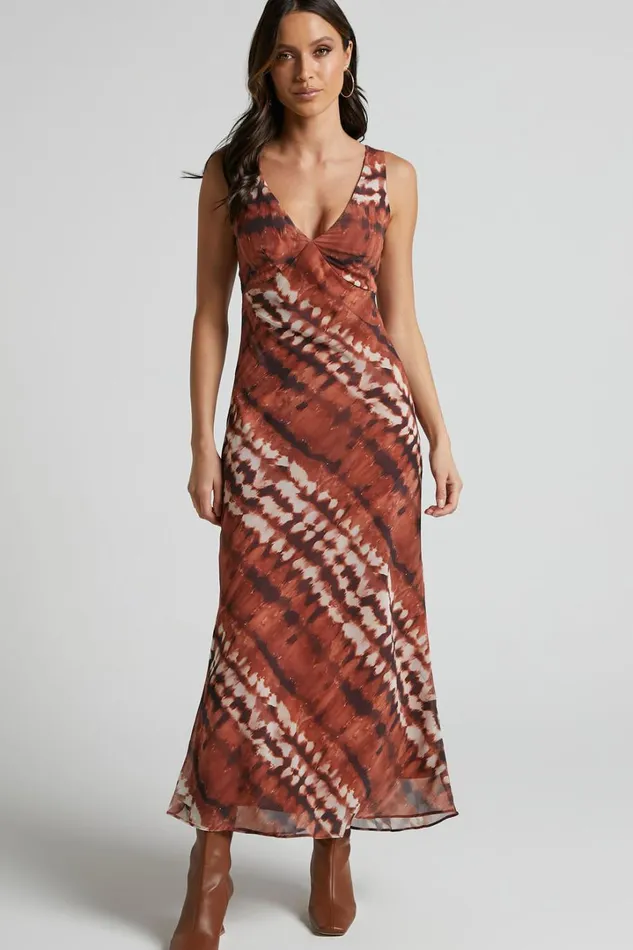 Aizelle Midi Dress 8211 V Neck Dress In Brown Tie Dye Women Showpo Dresses