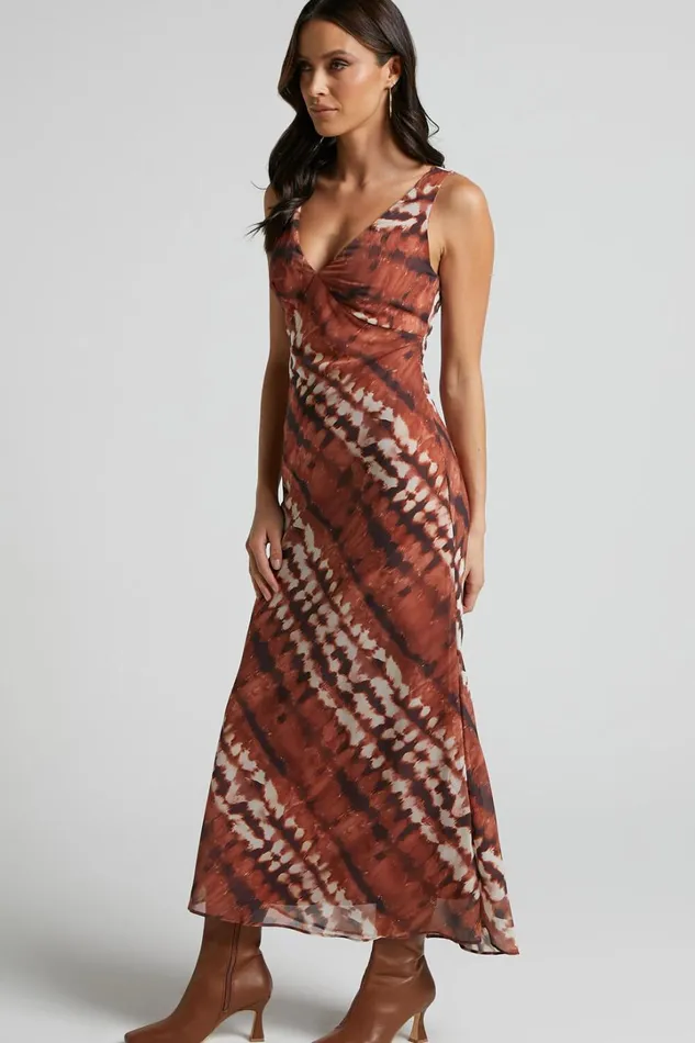 Aizelle Midi Dress 8211 V Neck Dress In Brown Tie Dye Women Showpo Dresses