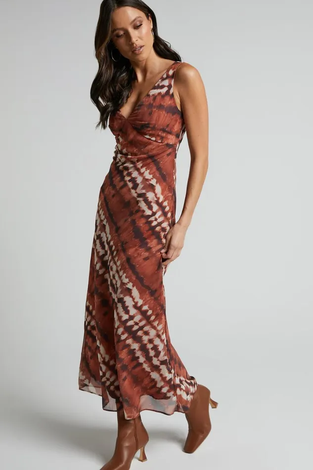 Aizelle Midi Dress 8211 V Neck Dress In Brown Tie Dye Women Showpo Dresses