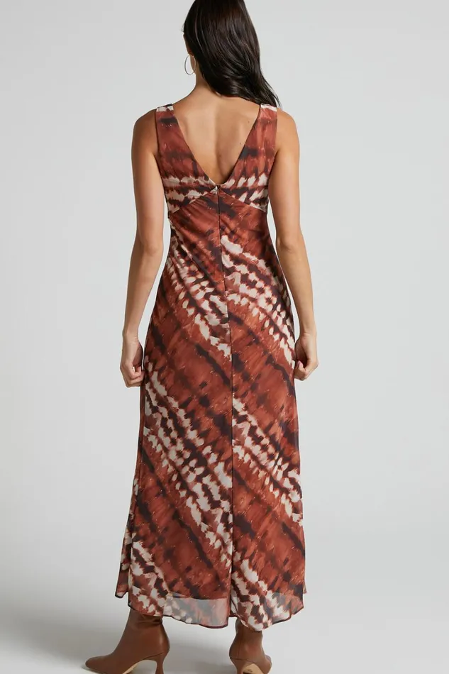Aizelle Midi Dress 8211 V Neck Dress In Brown Tie Dye Women Showpo Dresses