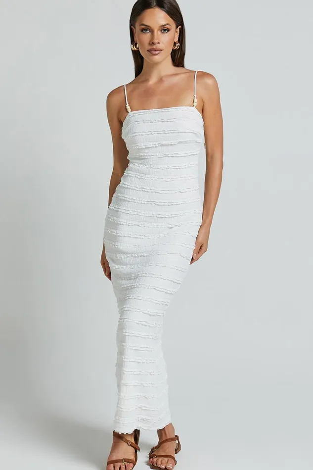 Alanna Midi Dress 8211 Textured Midi Dress With Tie Straps In White Women Showpo Dresses
