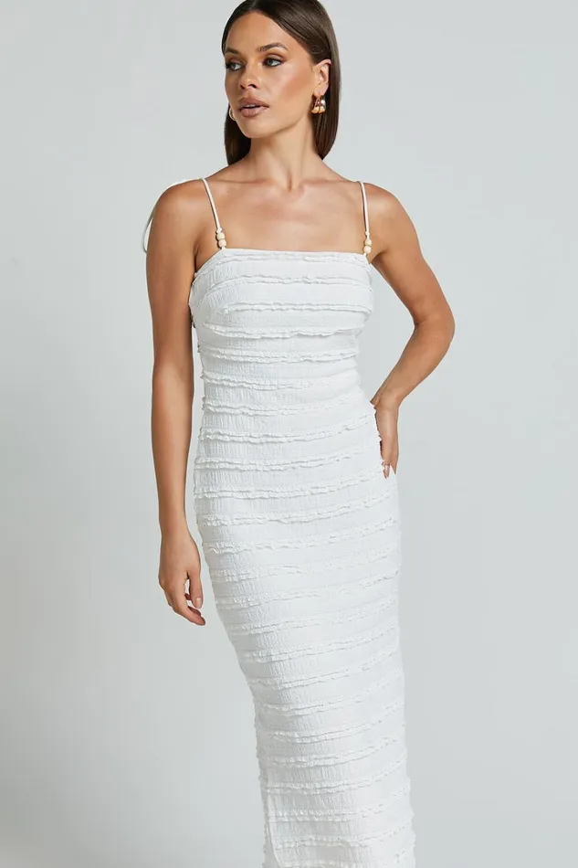 Alanna Midi Dress 8211 Textured Midi Dress With Tie Straps In White Women Showpo Dresses