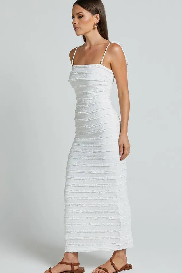 Alanna Midi Dress 8211 Textured Midi Dress With Tie Straps In White Women Showpo Dresses
