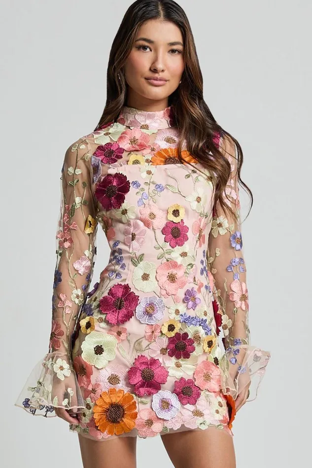 Albina Mini Dress 8211 High Neck Long Sleeve Back Cut Out Dress In Pink Women Showpo Dresses