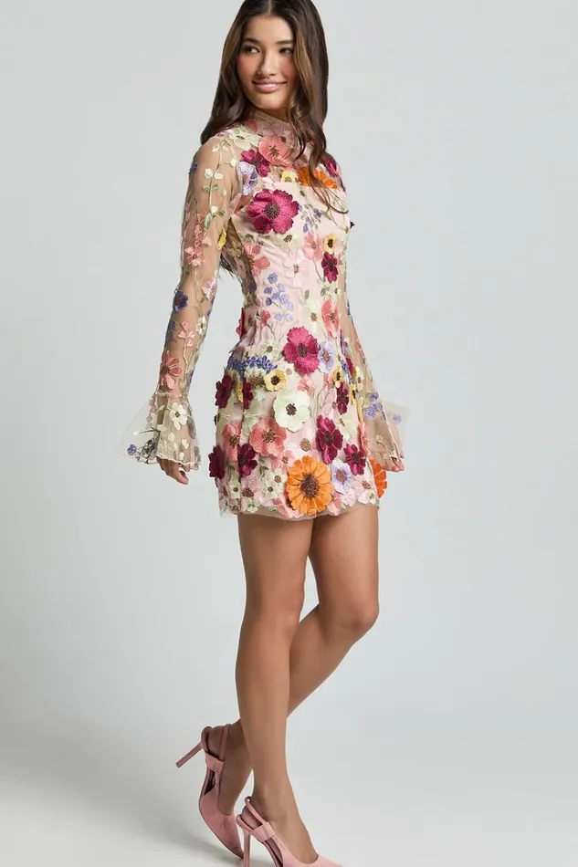 Albina Mini Dress 8211 High Neck Long Sleeve Back Cut Out Dress In Pink Women Showpo Dresses