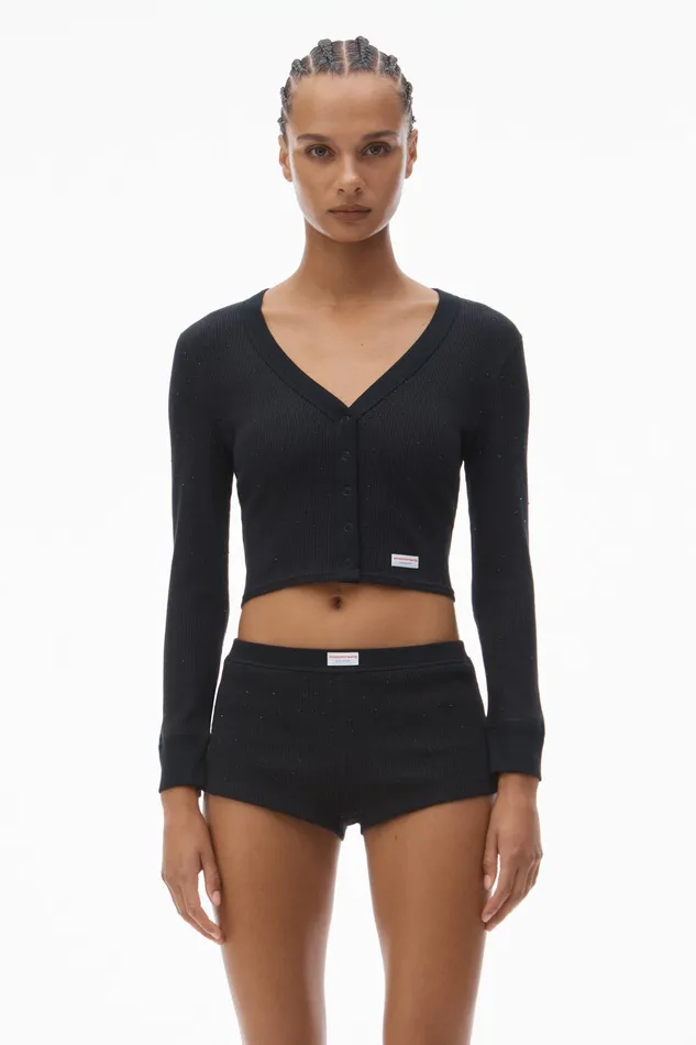 Alexander Wang Bodywear Crystal Hotfix LongSleeve Cardigan In Waffle Knit