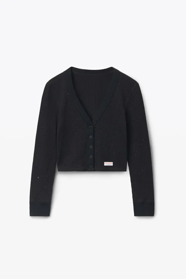 Alexander Wang Bodywear Crystal Hotfix LongSleeve Cardigan In Waffle Knit