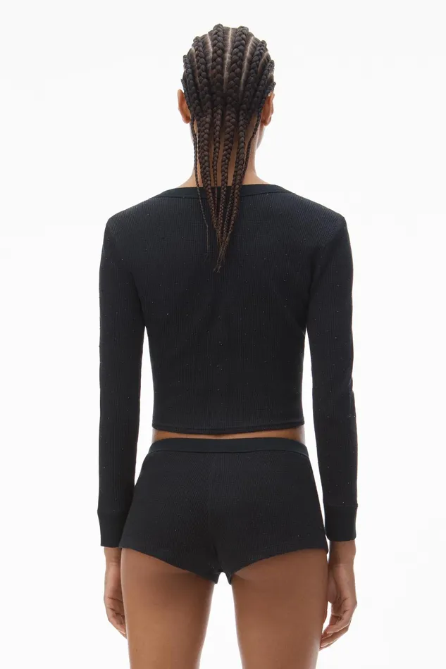 Alexander Wang Bodywear Crystal Hotfix LongSleeve Cardigan In Waffle Knit