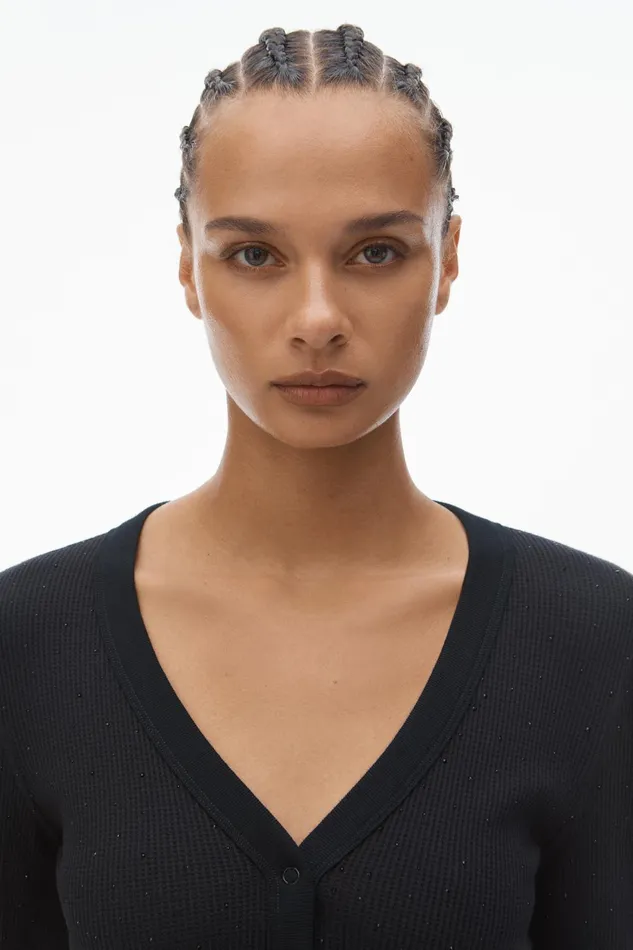 Alexander Wang Bodywear Crystal Hotfix LongSleeve Cardigan In Waffle Knit