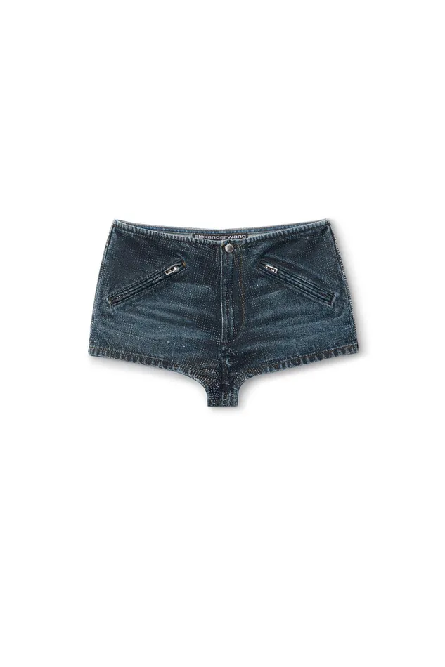 Alexander Wang Denim Clear Crystal Hotfix Moto Micro Short In Cotton Denim 8211 Women