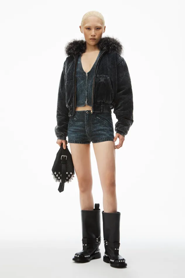 Alexander Wang Denim Clear Crystal Hotfix Moto Micro Short In Cotton Denim 8211 Women