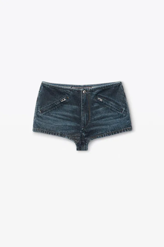 Alexander Wang Denim Clear Crystal Hotfix Moto Micro Short In Cotton Denim 8211 Women