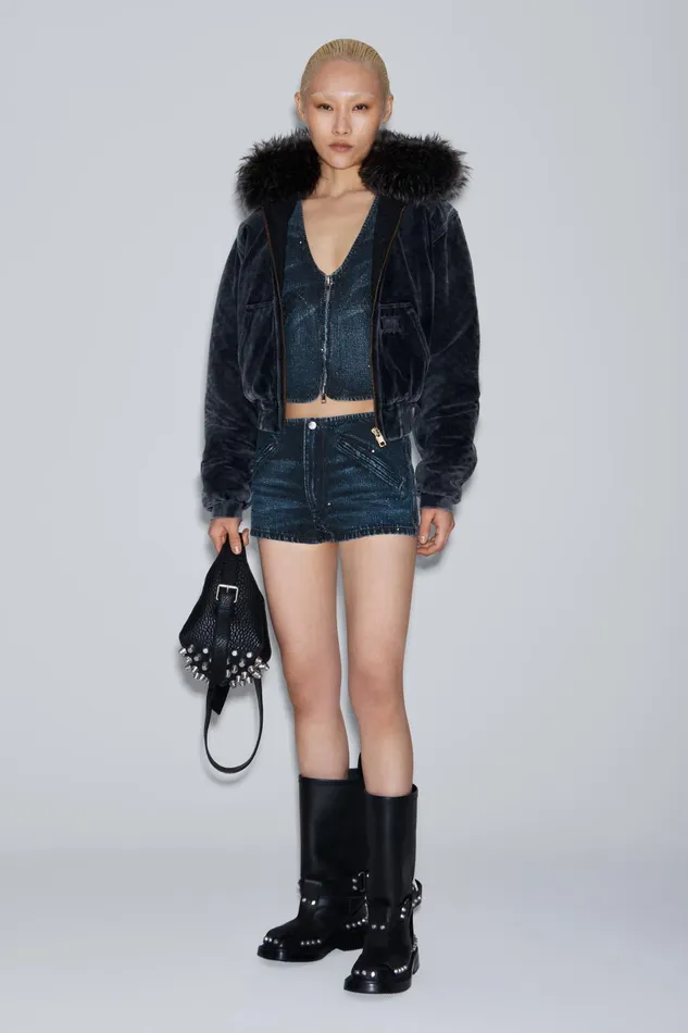 Alexander Wang Denim Clear Crystal Hotfix Moto Micro Short In Cotton Denim 8211 Women