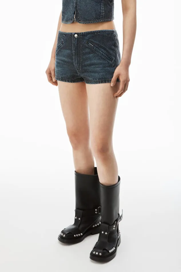 Alexander Wang Denim Clear Crystal Hotfix Moto Micro Short In Cotton Denim 8211 Women