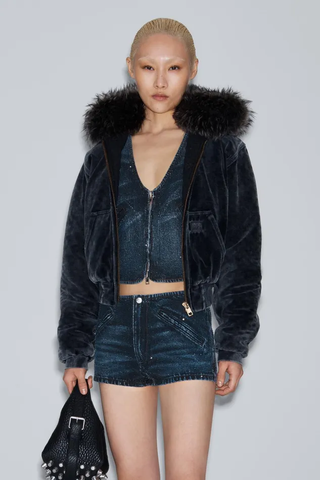 Alexander Wang Denim Clear Crystal Hotfix Moto Micro Short In Cotton Denim 8211 Women