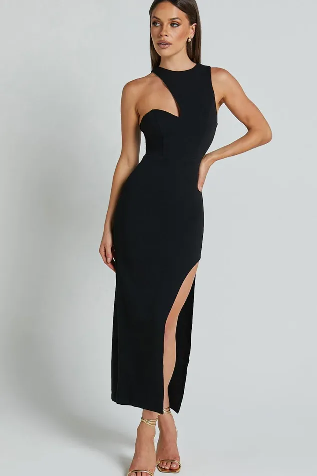 Alexis Midi Dress 8211 Cut Out Detail High Split Dress In Black Women Showpo Dresses