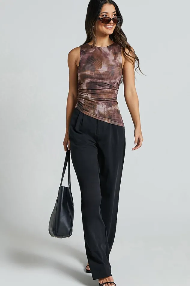 Alexis Top 8211 Boat Neck Ruched Asymmetric Mesh Top In Rustic Haze Print Women Showpo Tops