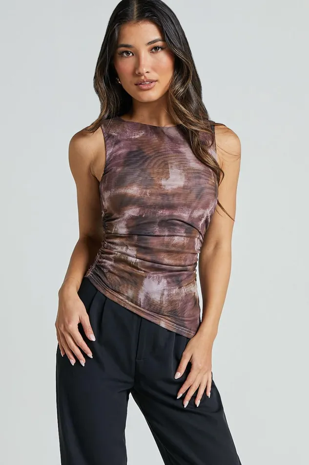 Alexis Top 8211 Boat Neck Ruched Asymmetric Mesh Top In Rustic Haze Print Women Showpo Tops