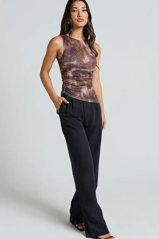 Alexis Top 8211 Boat Neck Ruched Asymmetric Mesh Top In Rustic Haze Print Women Showpo Tops